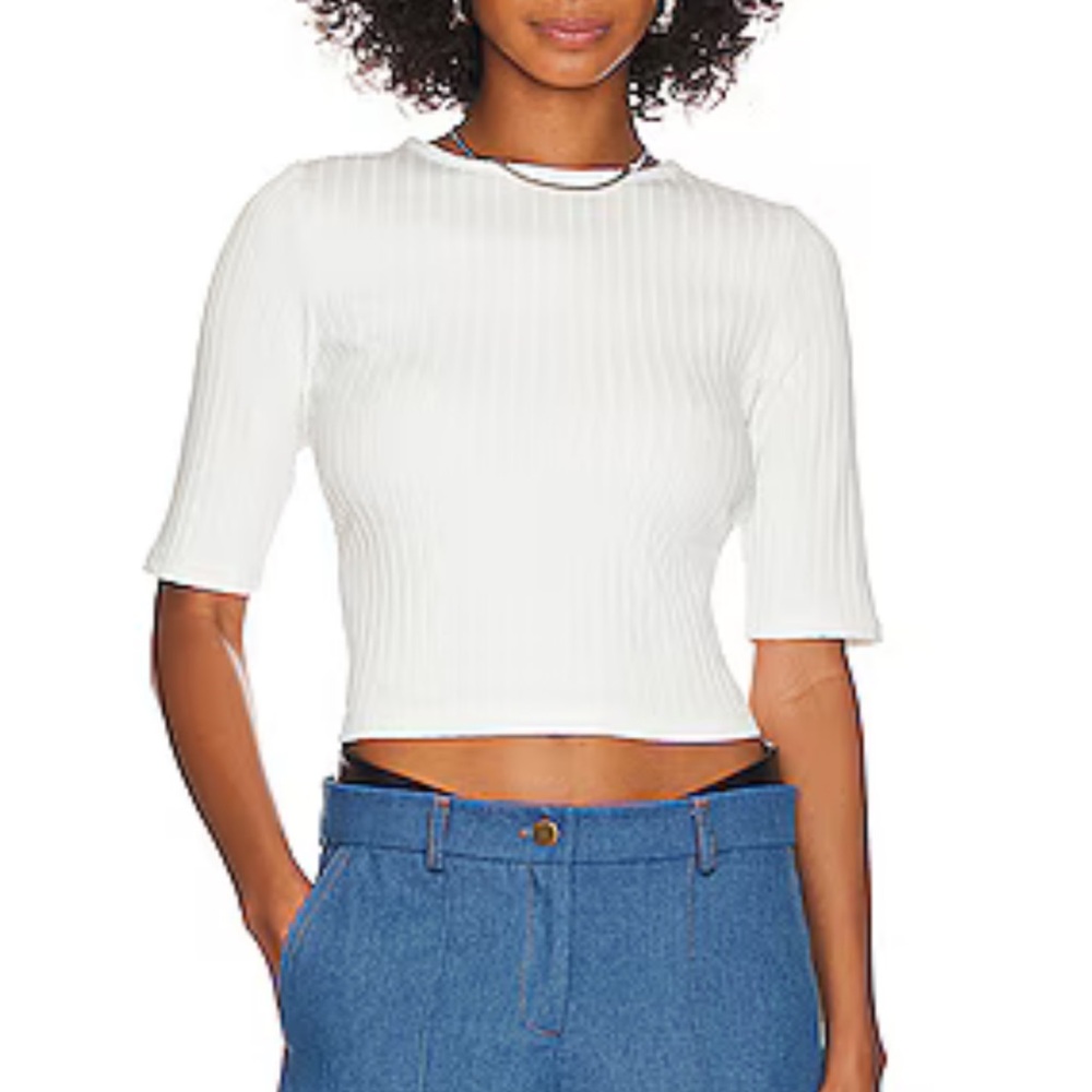 Vince Rib Elbow Short Sleeve Cropped Top in Off White